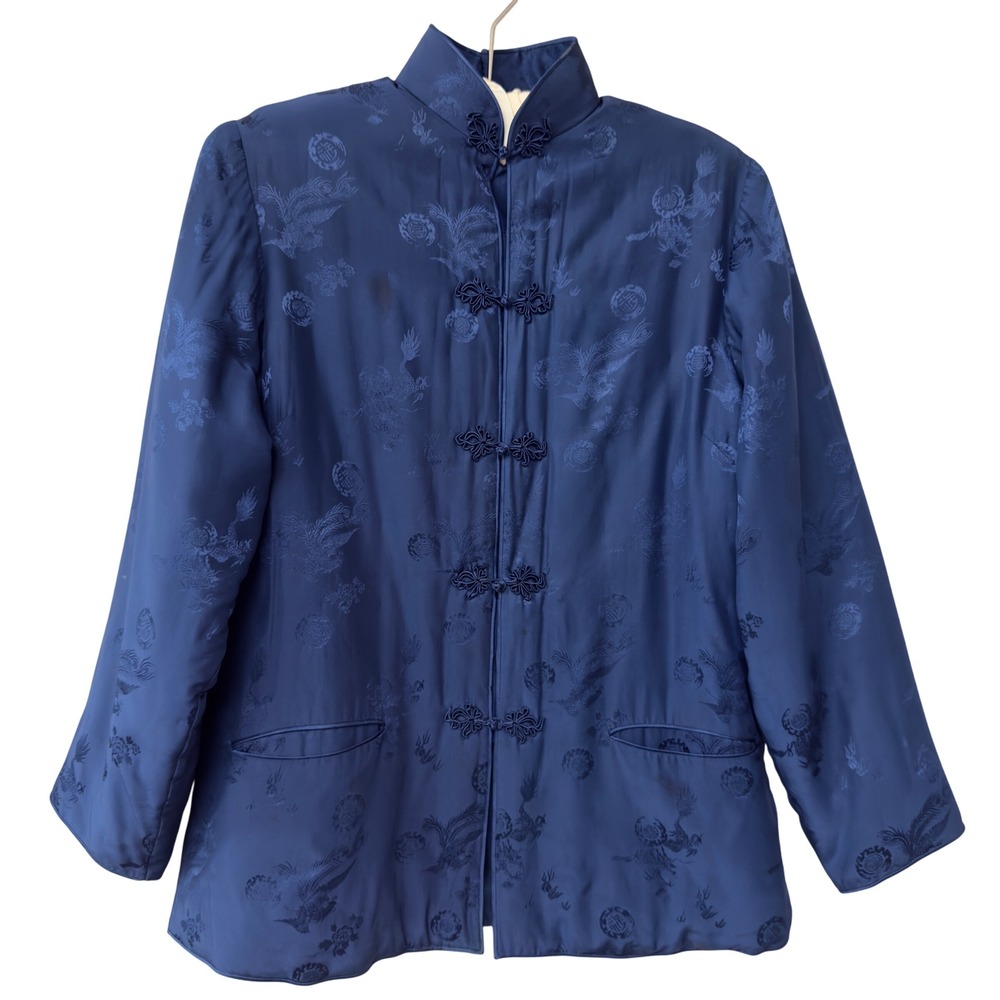 Silk Asian Waddle Jacket Frog Closures Blue Embroidered Pattern Medium Women's